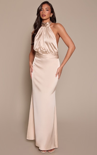 Cream High Neck Tie Detail Satin Maxi Dress