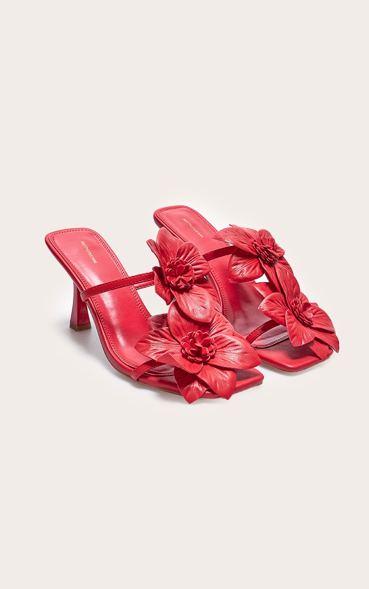 Red Pu Square Toe Multi Flower Detail Mid Stiletto Heeled Mules image 2