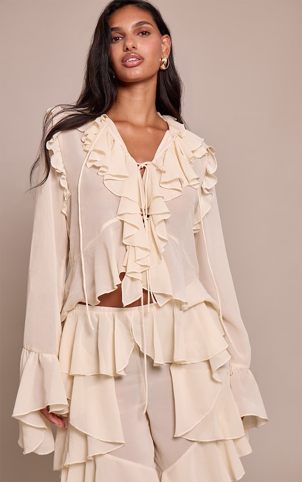 Cream Chiffon Frill Long Sleeve Shirt