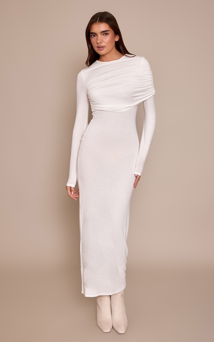 Cream Ruched Overlay Long Sleeve Maxi Dress
