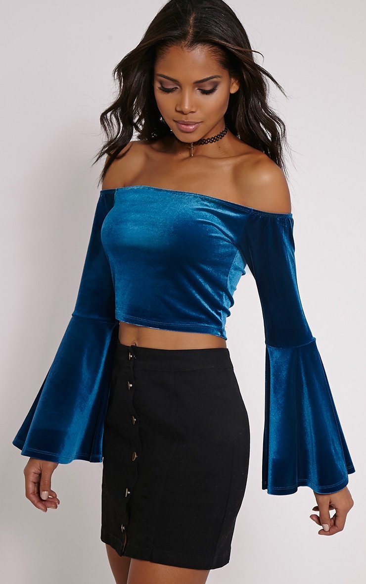 Lena Teal Velvet Bell Sleeve Bardot Crop Top PrettyLittleThing