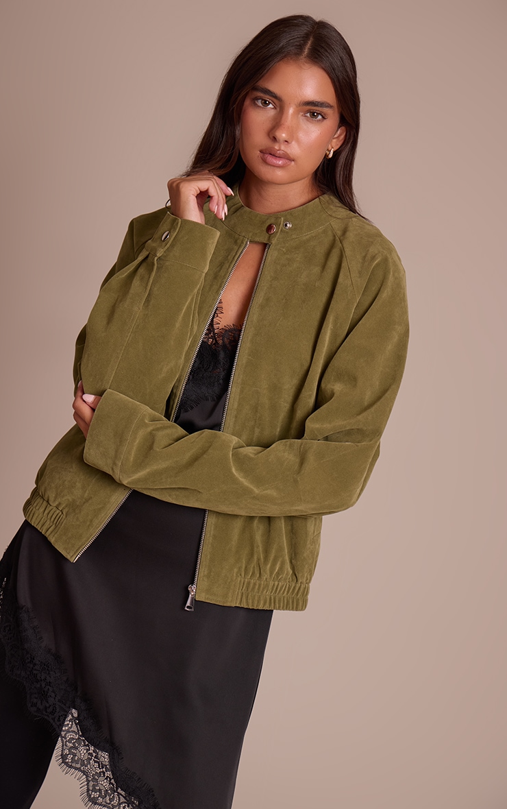 Olive Faux Suede Racer Neck Jacket image 1