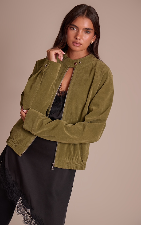 Olive Faux Suede Racer Neck Jacket