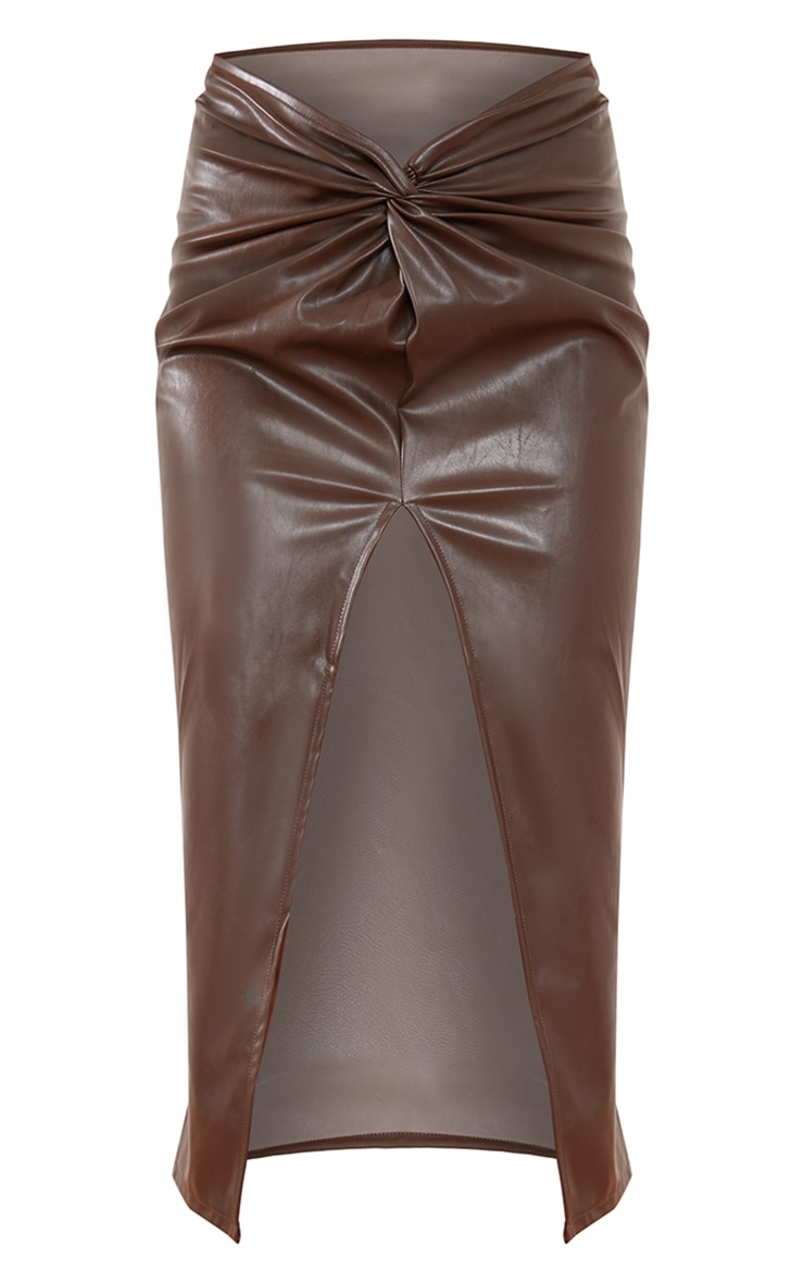 Chocolate Brown Faux Leather Twist Front Midi Skirt image 5