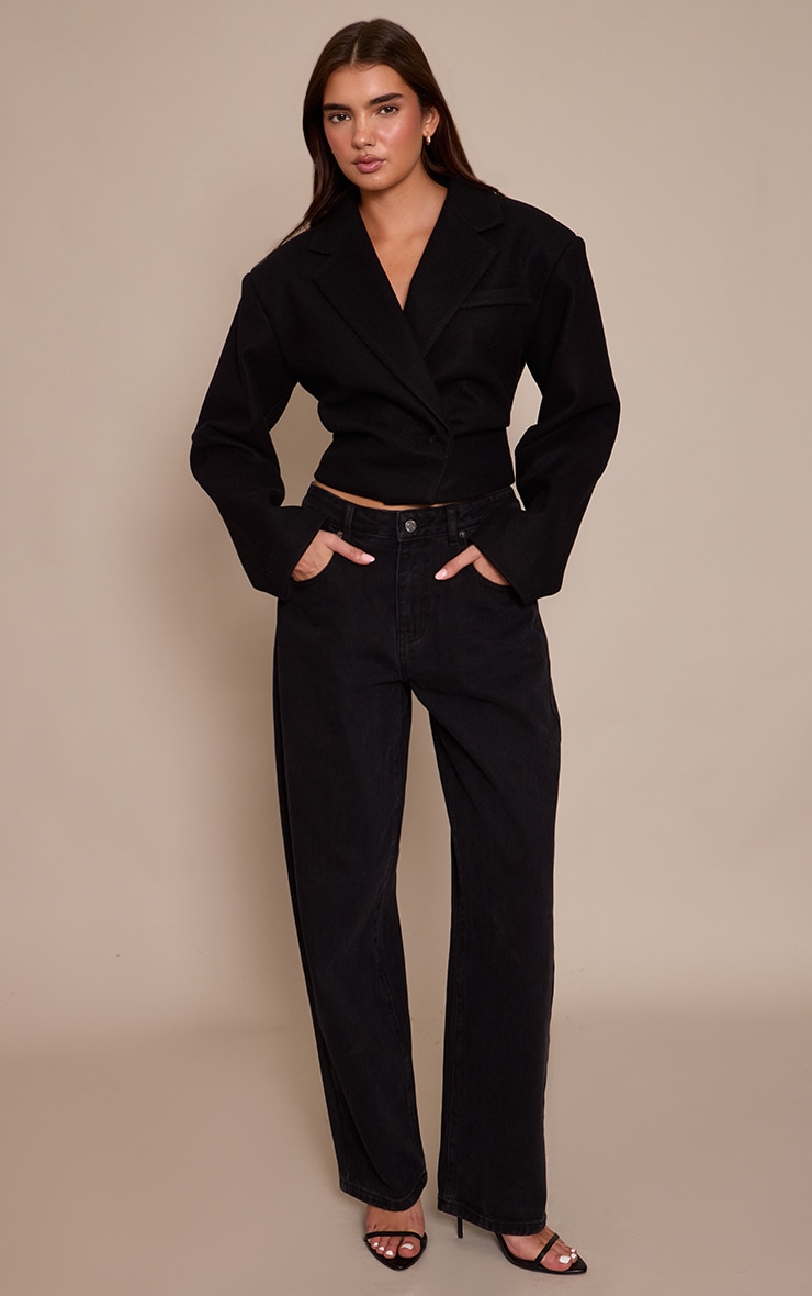Black Cropped Wool Look Cinch Blazer image 3