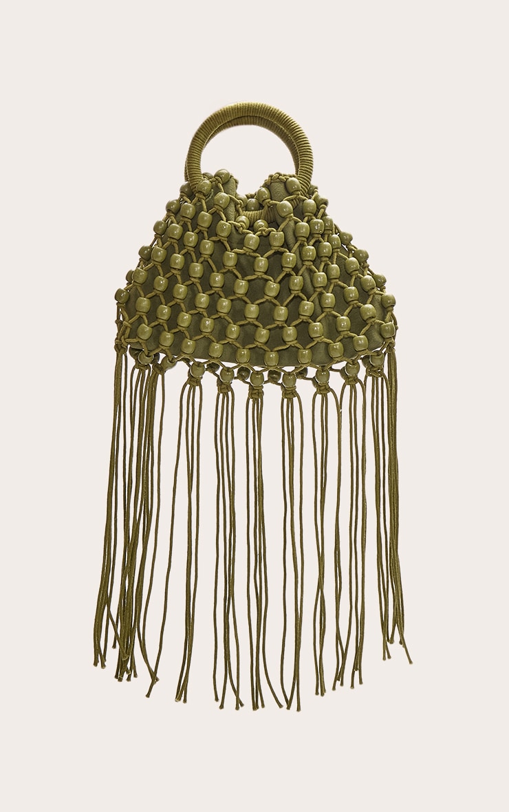 Olive Beaded Weave Bucket Bag image 4