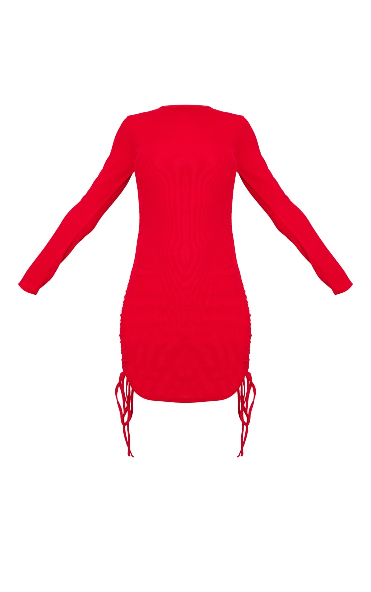 Red Thick Rib Ruched Side Bodycon Dress image 5