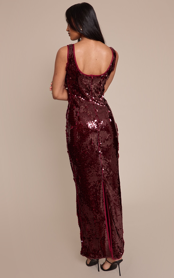 Robe longue rouge vin sans manches à col rond et sequins image 2