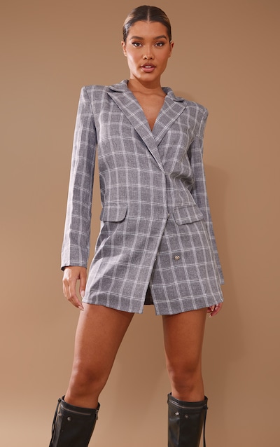 Grey Check Shoulder Pad Blazer Dress