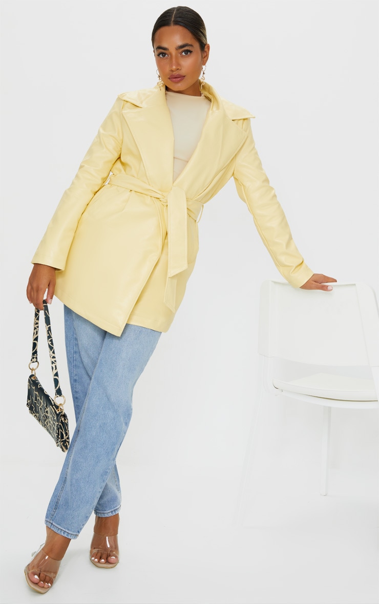 Petite Cream Faux Leather Long Line Tie Waist Blazer