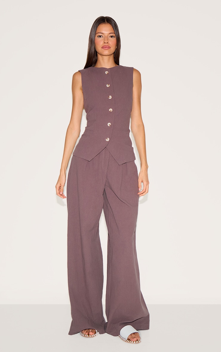 Dark Brown Linen Look Tailored Waistcoat image 3