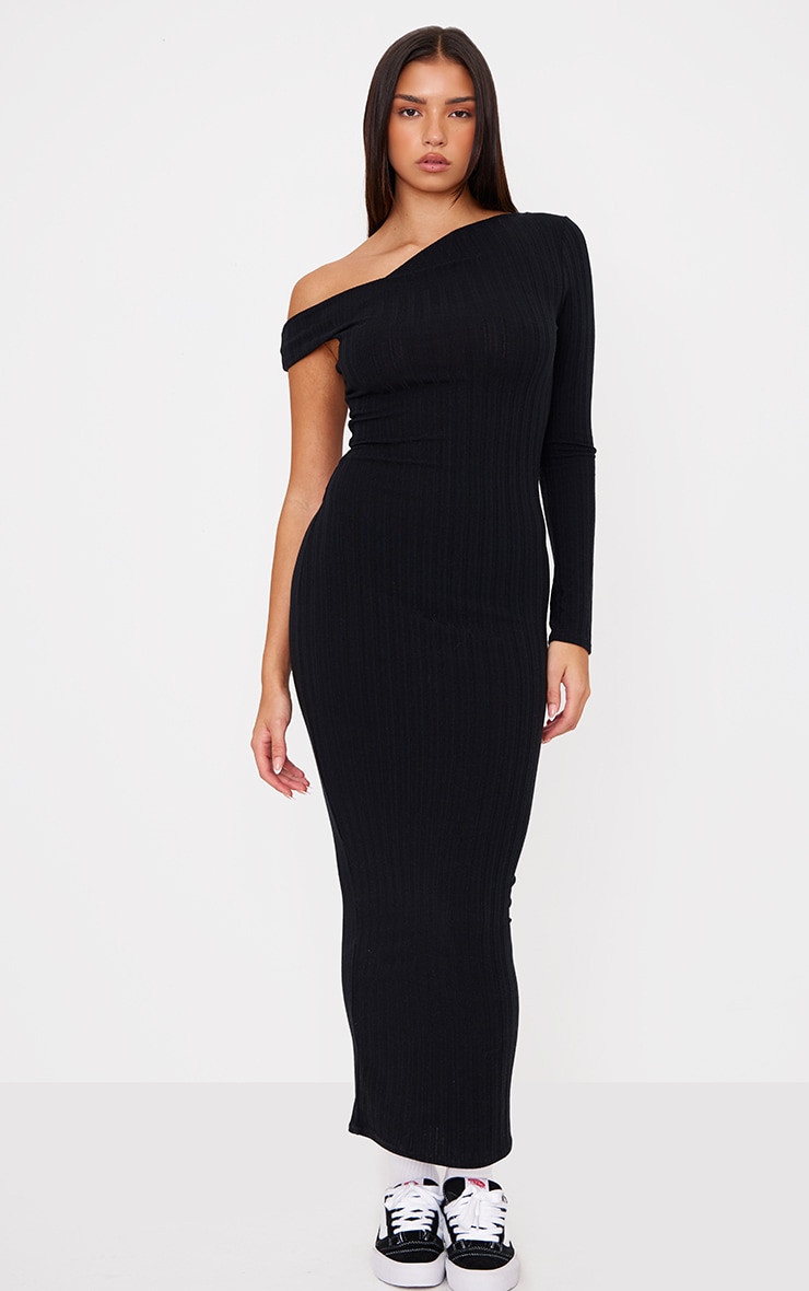 PRETTYLITTLETHING Robe Longue Cotelee Noire Asymetrique PrettyLittleThing FR