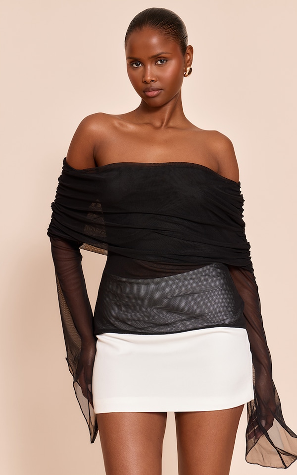 Black Mesh Fold Over Extreme Sleeve Detail Top