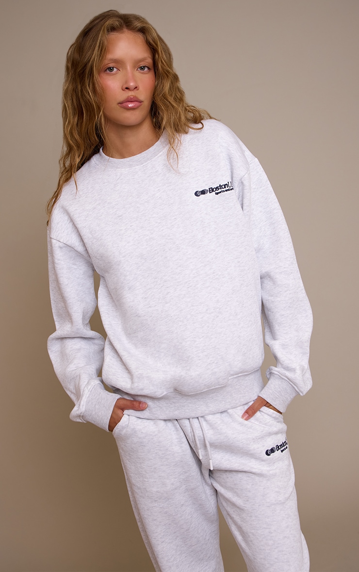 Ash Grey Oversized Boston Usa Embroidered Sweatshirt image 1