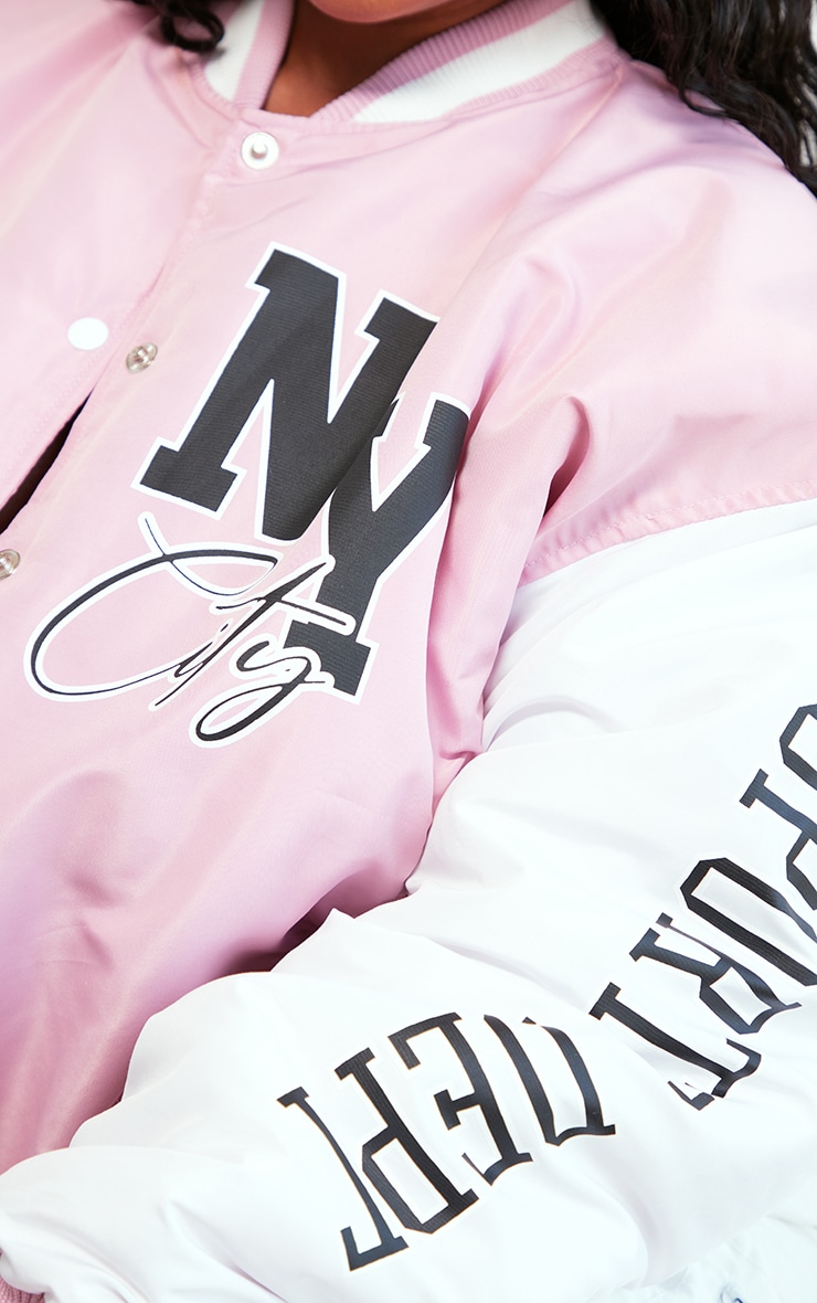 Plus Baby Pink NY Slogan Bomber Jacket image 4