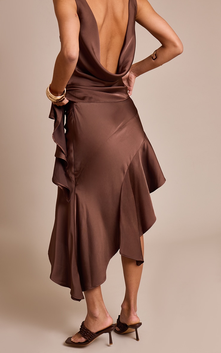 Chocolate Satin Asymmetric Ruffle Midi Skirt image 3