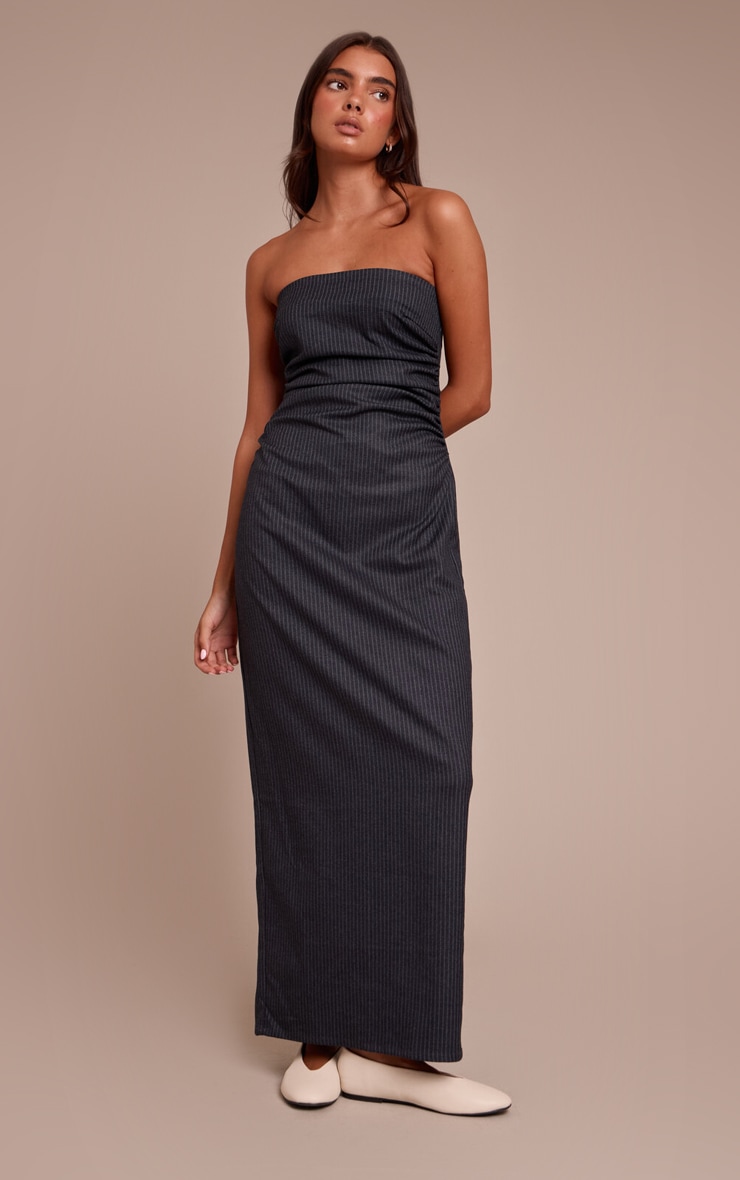 Navy Pinstripe Bandeau Ruched Detail Maxi Dress image 1