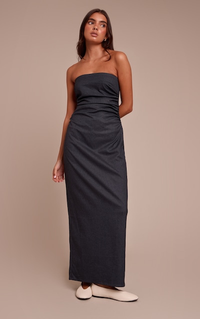 Robe bustier longue bleu marine froncée à fines rayures