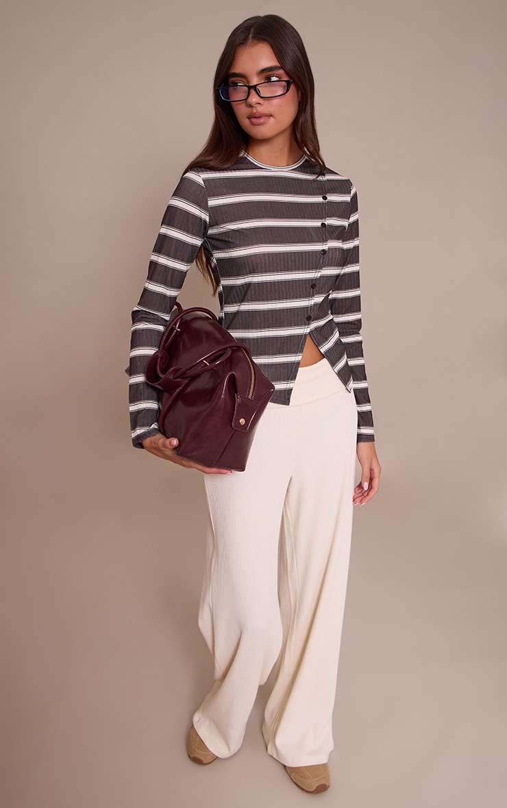 Chocolate Stripe Rib Asymmetric Button Down Top  image 3