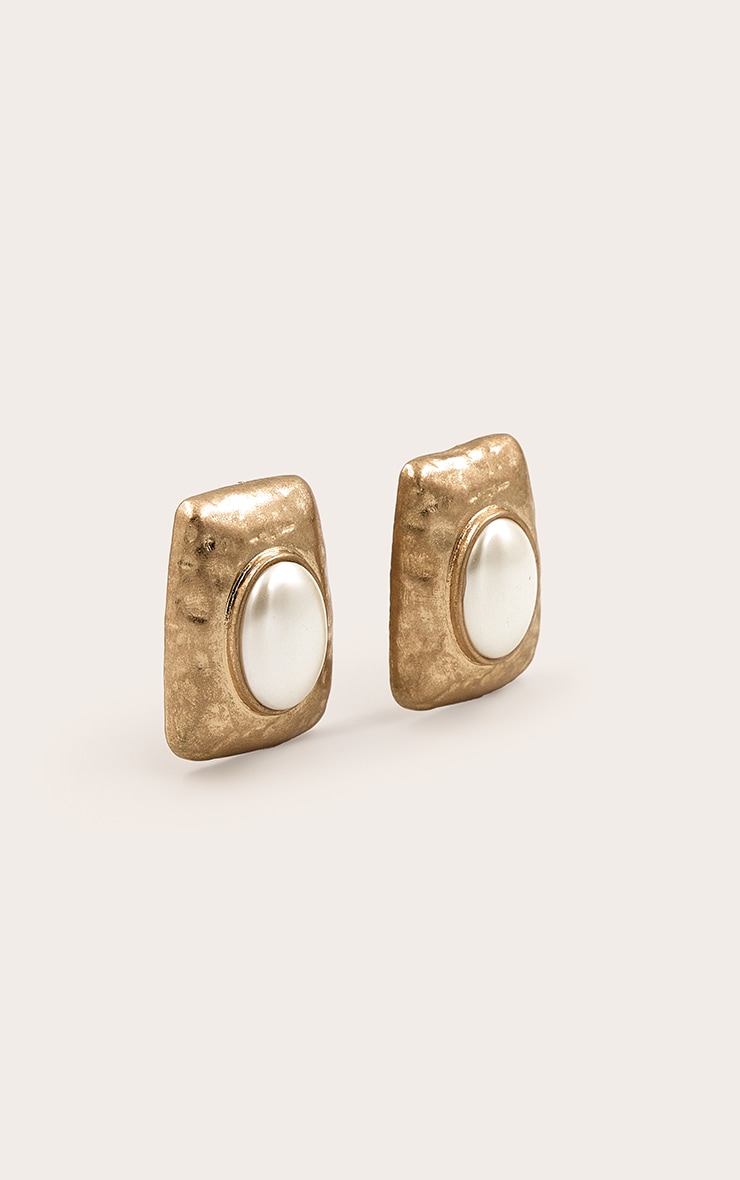 Pearl Brushed Gold Textured Statement Stud Earrings image 3