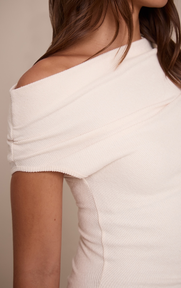 Cream Brushed Rib Asymmetric Ruched Detail Maxi Dress image 4