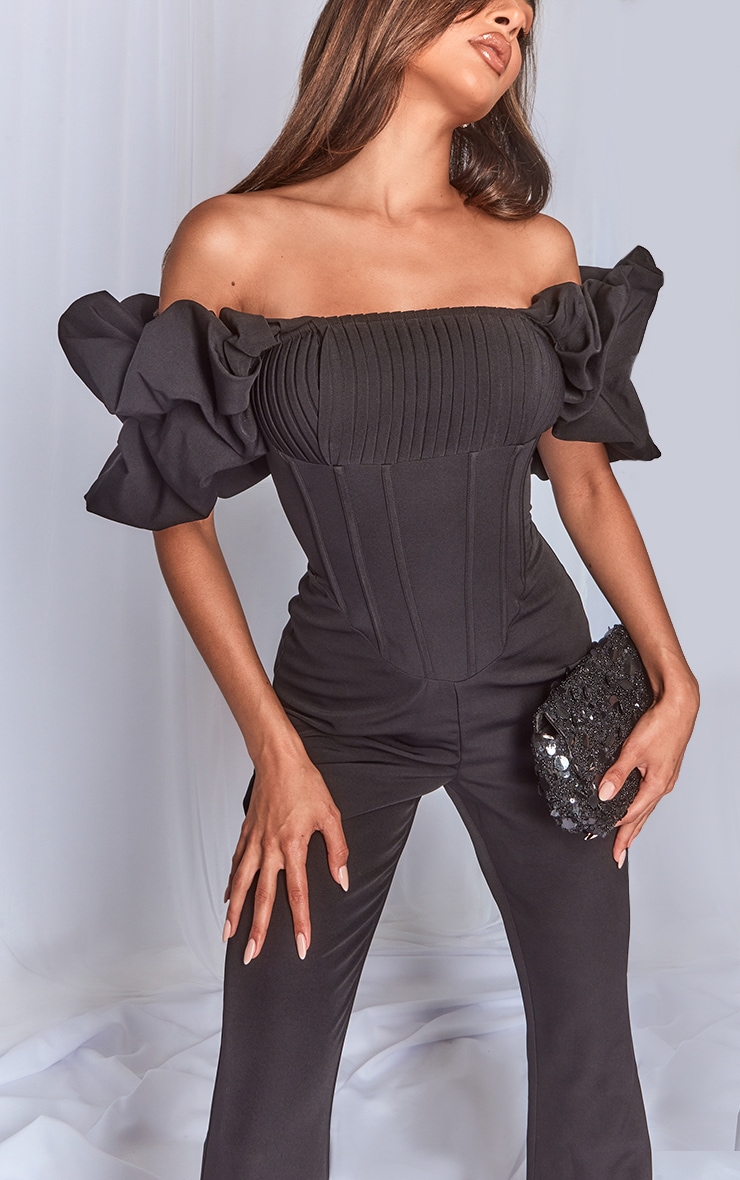 Black Woven Pleated Corset Detail Bardot Frill Jumpsuit. image 4