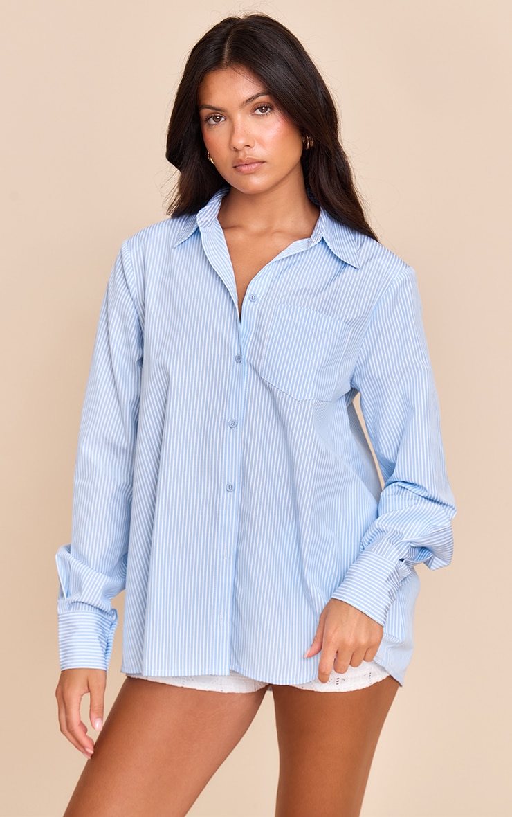 Blue Stripe Shoulder Pad Oversized Shirt image 1