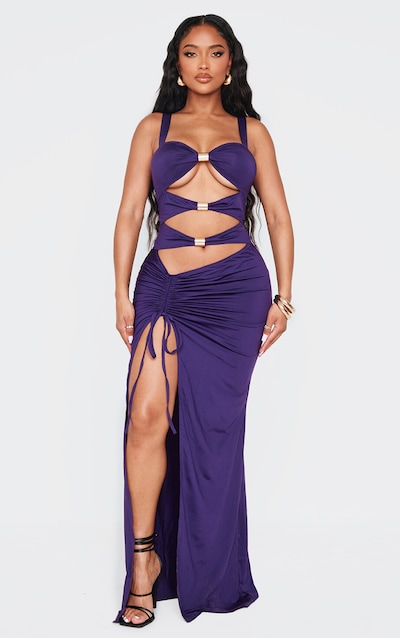 Shape Purple Cut Out High Leg Maxi Dress With Gold Trim