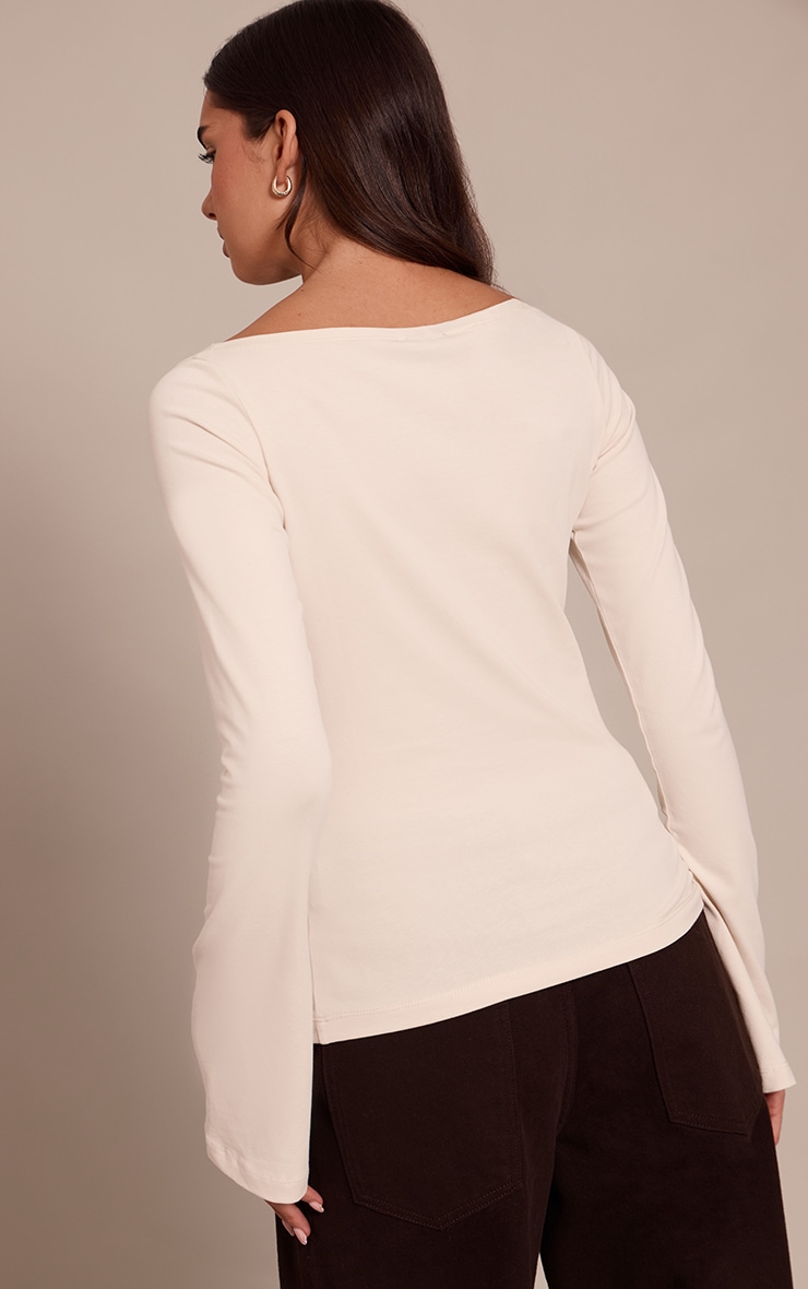 Oatmeal Soft Cotton Boat Neck Flared Long Sleeve Top image 2