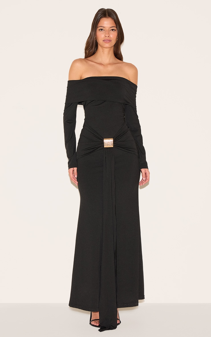 Black Bardot Long Sleeve Trim Drape Detail Maxi Dress image 1