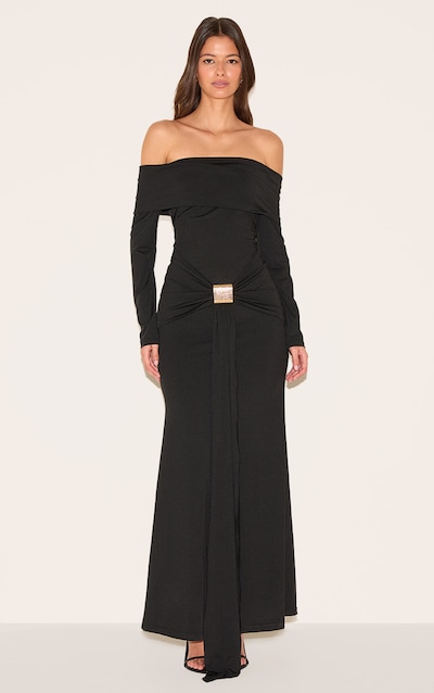 Black Bardot Long Sleeve Trim Drape Detail Maxi Dress