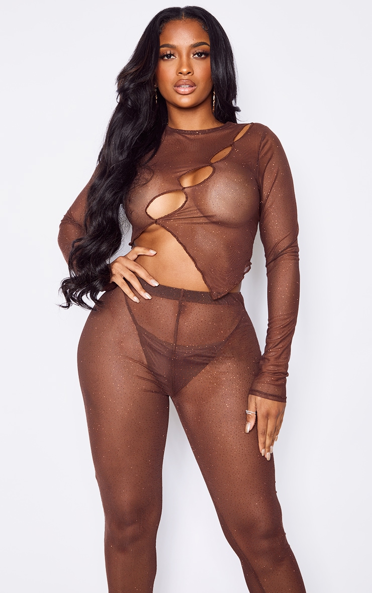 Shape Chocolate Brown Glitter Sheer Mesh Cut Out Crop Top