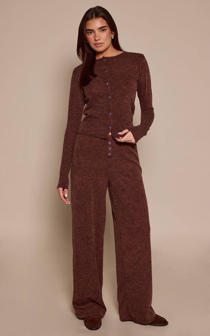 Dark Brown Marl Ribbed Shoulder Pad Long Sleeve Fitted Top image 3