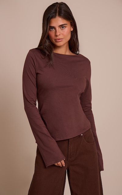 Chocolate Cotton Asymmetric Hem Flared Long Sleeve Top