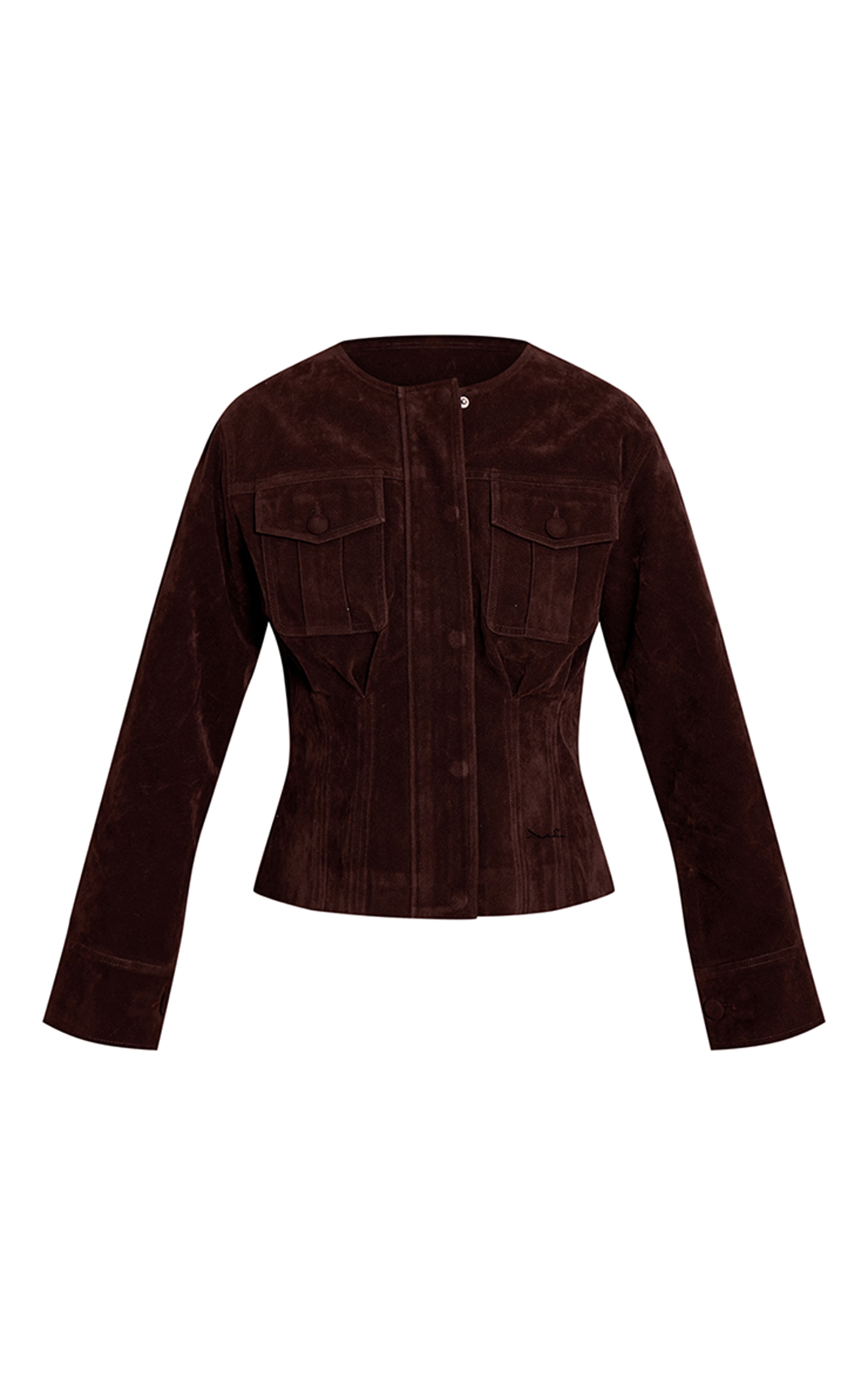  Chocolate Faux Suede Covered Button Cinch Waist Jacket image 5