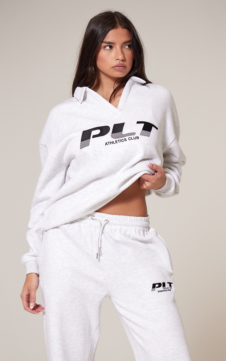PRETTYLITTLETHING Grey Marl Athletics Club Embroidered Collared Sweatshirt image 4