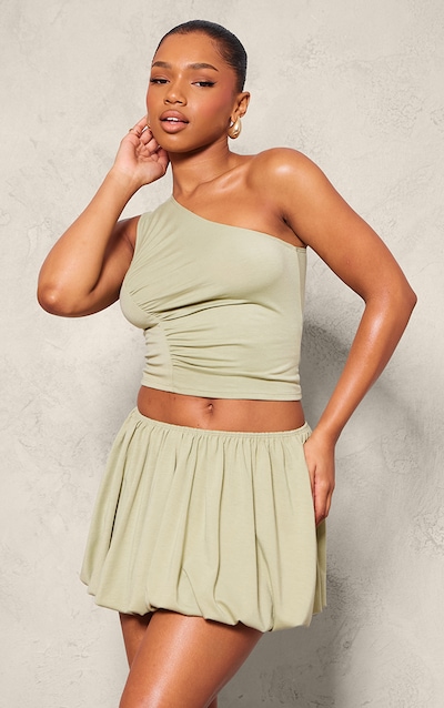 Sage Jersey Ruched Detail One Shoulder Top