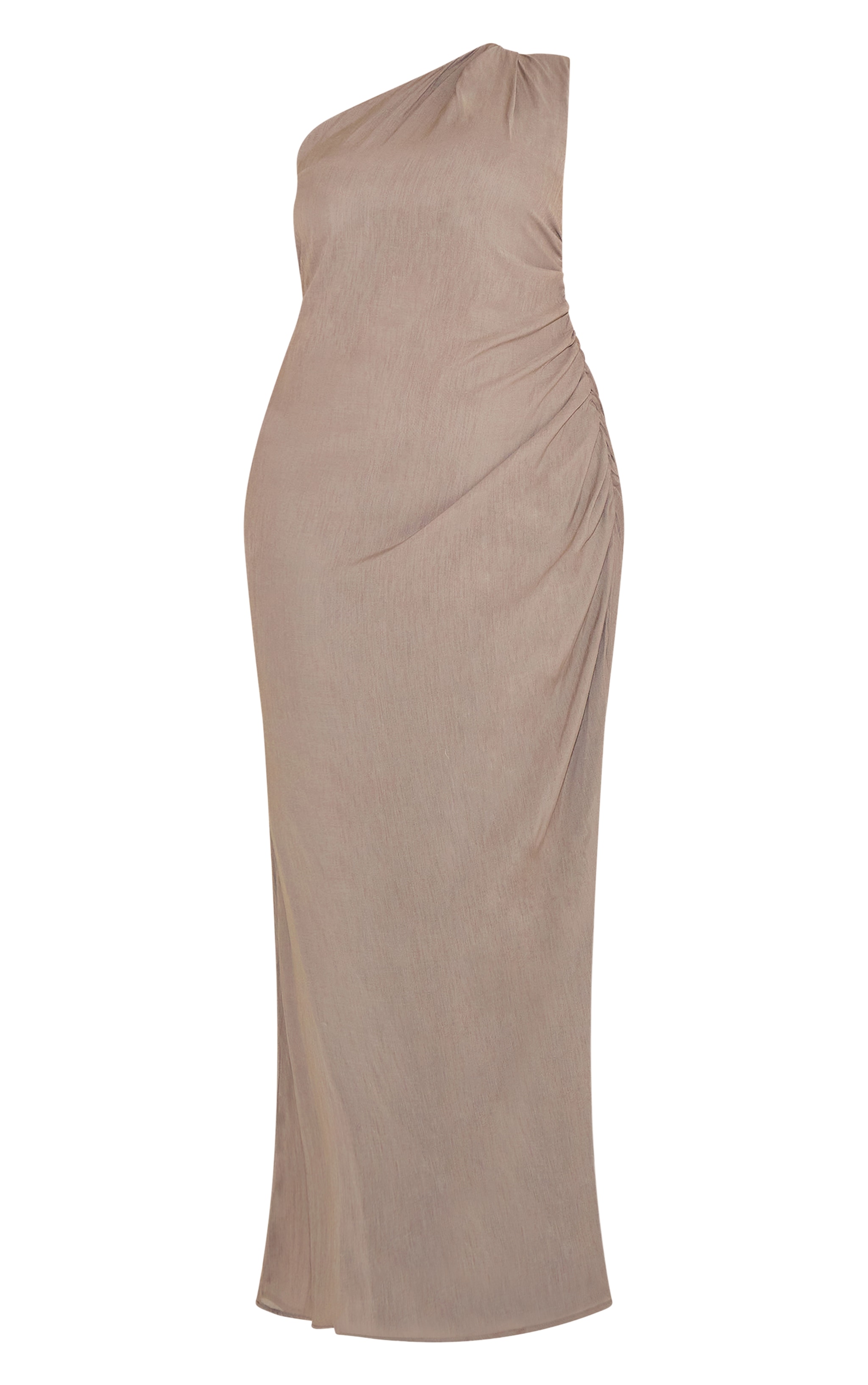 Plus Robe longue texturée taupe froncée à épaule unique image 5