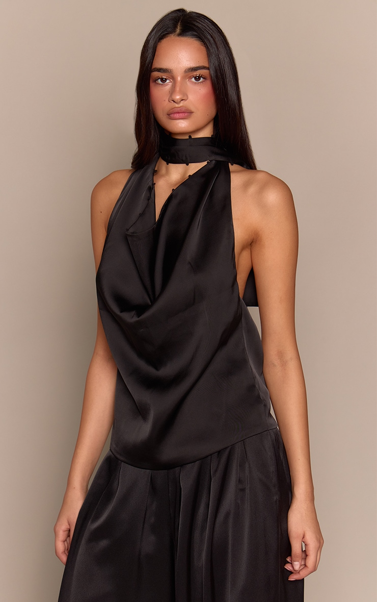 Black Satin Cowl Back Halterneck Top image 1