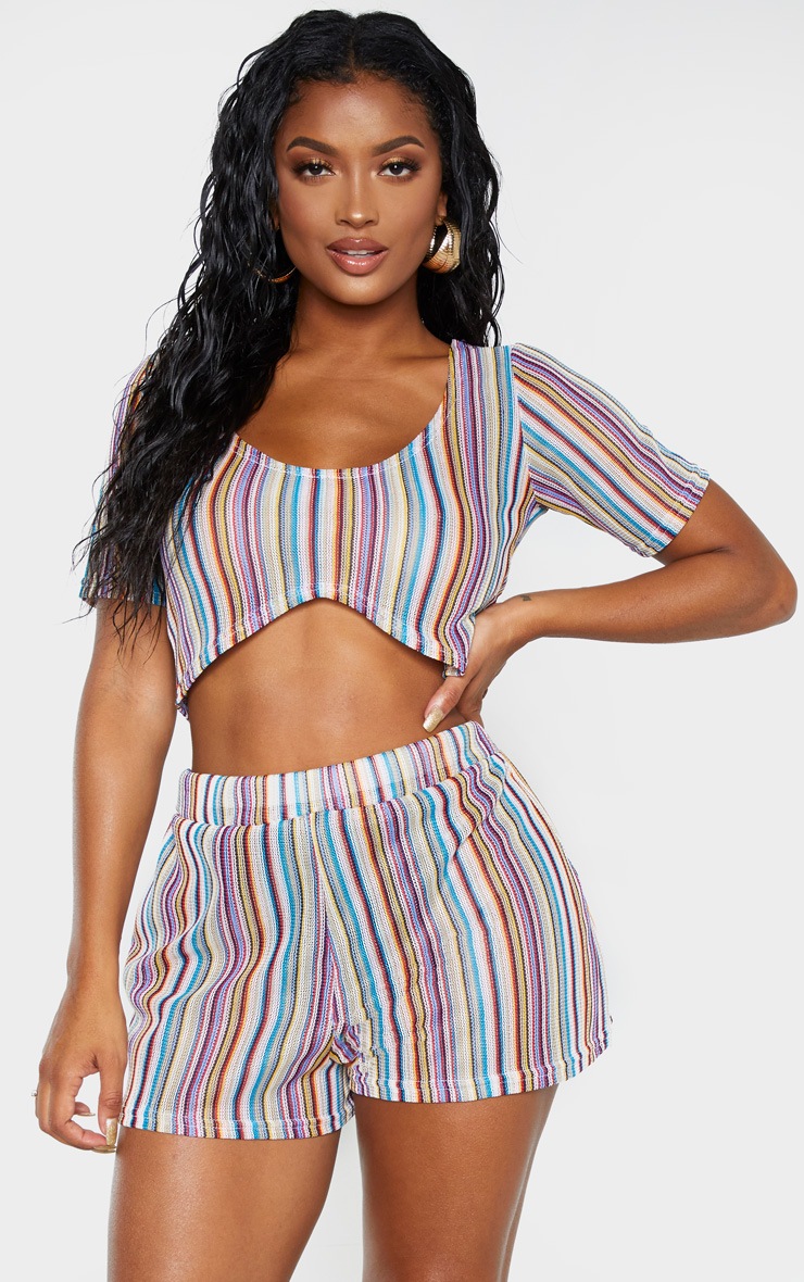 Shape Multi Striped Crochet Short Sleeve Crop Top