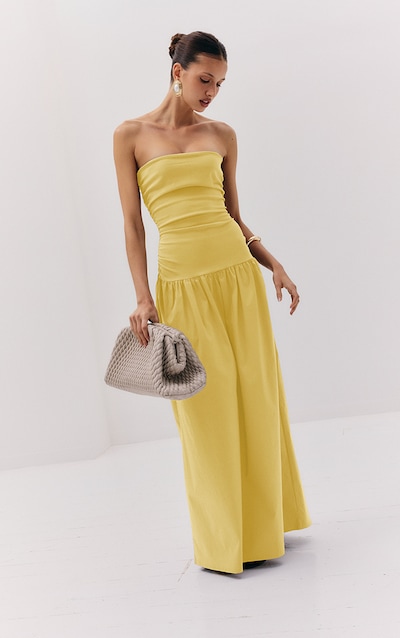 Lemon Stretch Woven Bandeau Ruched Maxi Dress