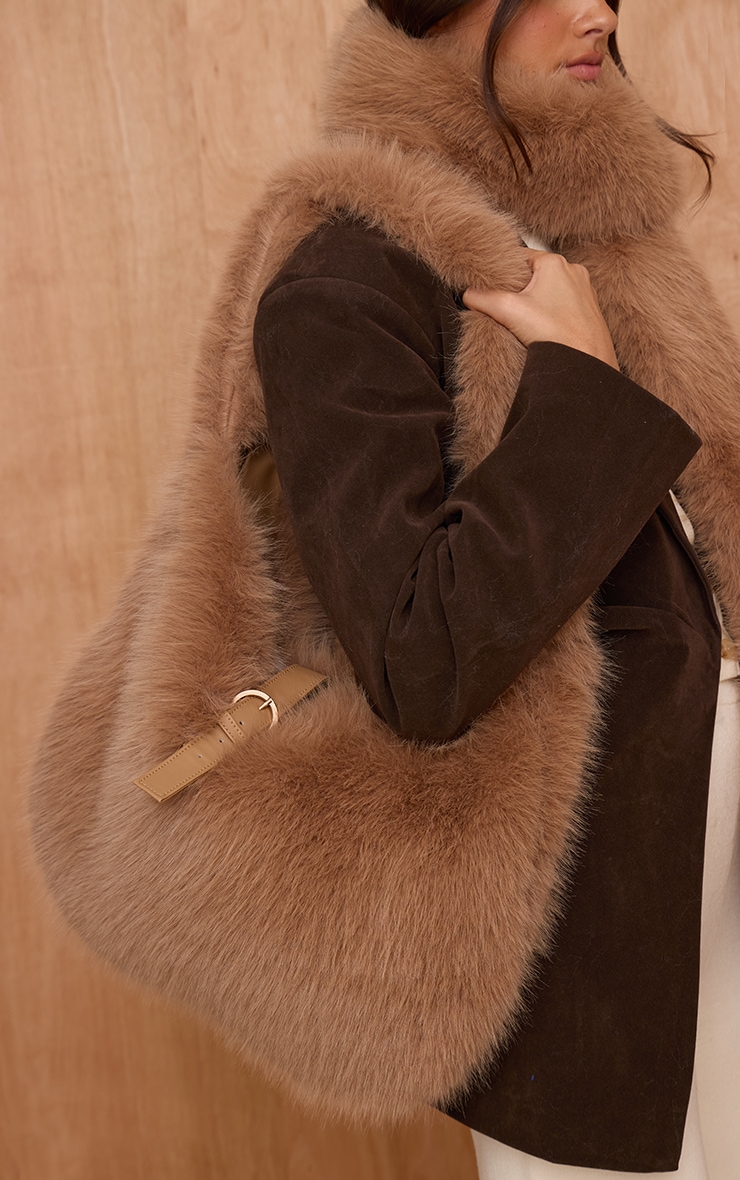 Camel Faux Fur Belted Shoulder Bag image 1