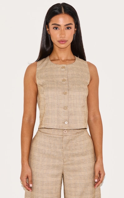 Petite Brown Checked Longline Waistcoat