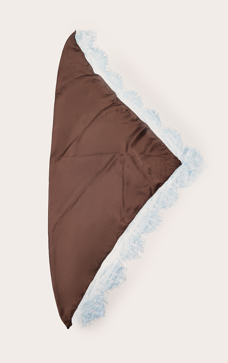 Chocolate Satin Contrast Blue Lace Trim Scarf image 2