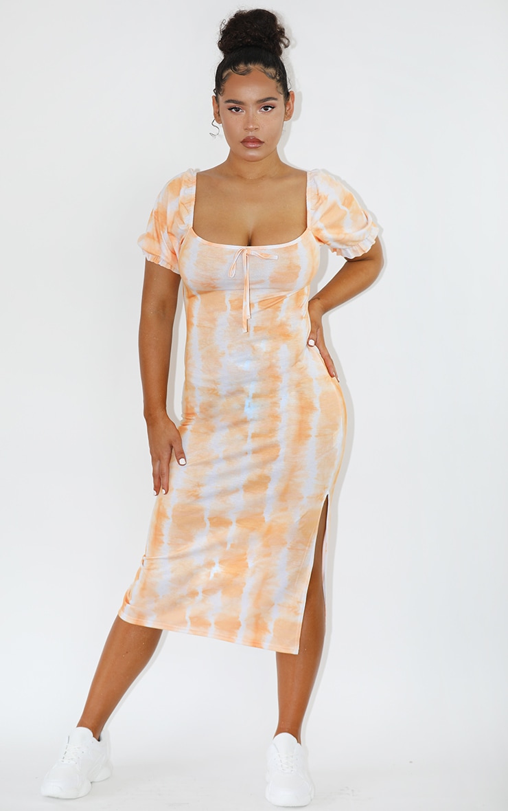 Orange Tie Dye Puff Sleeve Midi Smock Dress | PrettyLittleThing IE
