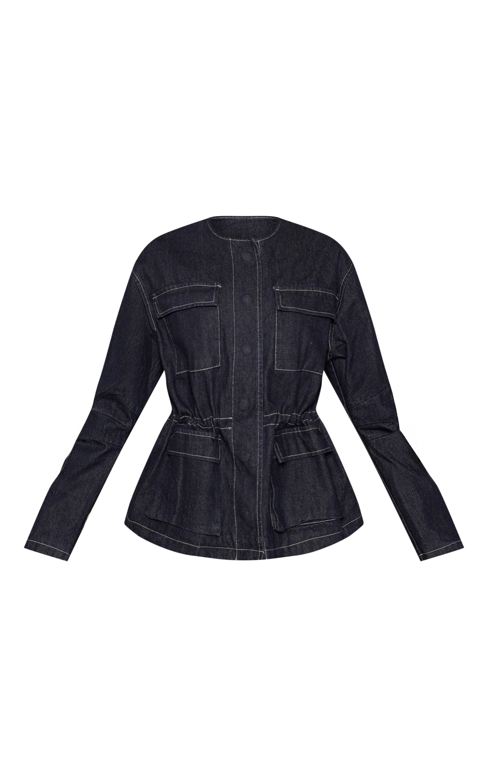 Indigo Round Neck Pocket Front Cinch Denim Jacket image 5
