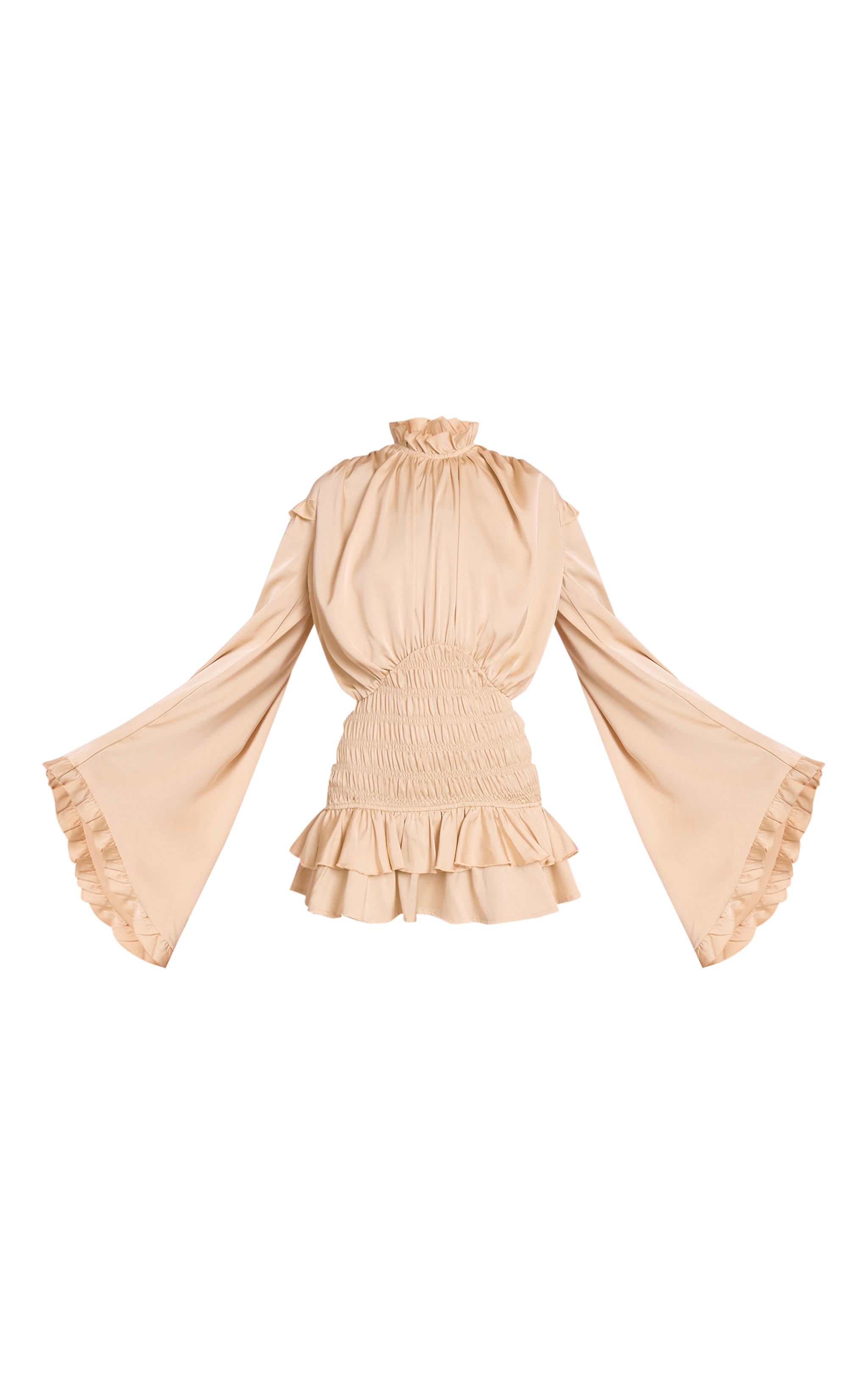 Gold Smocked High Neck Frill Long Sleeve Mini Dress image 5