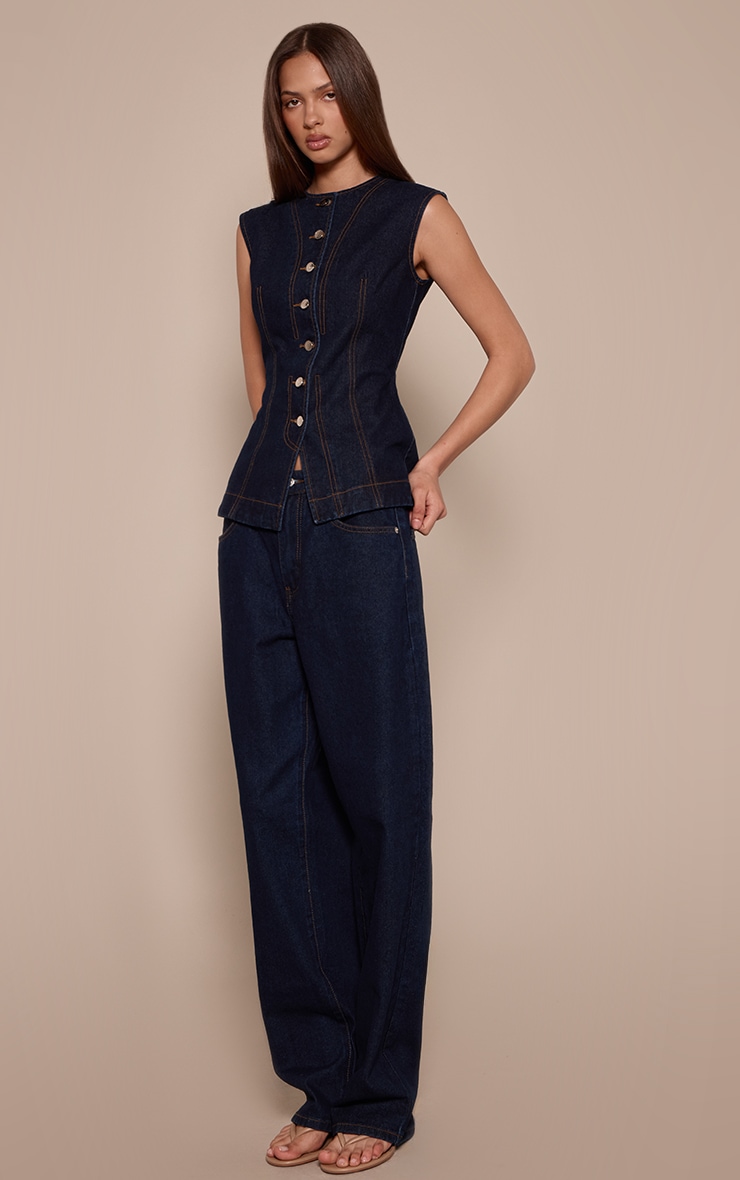 Top long en jean indigo sans manches image 3