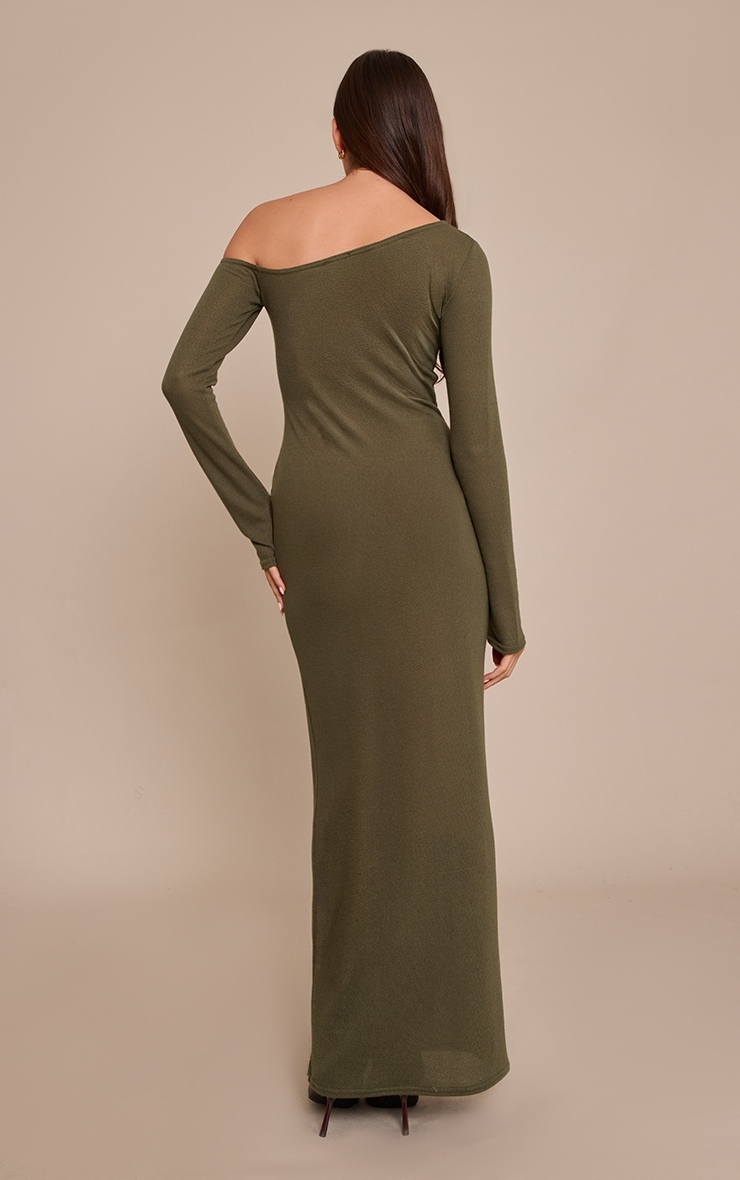 Khaki Textured Jersey Asymmetric Long Sleeve Maxi Dress image 2