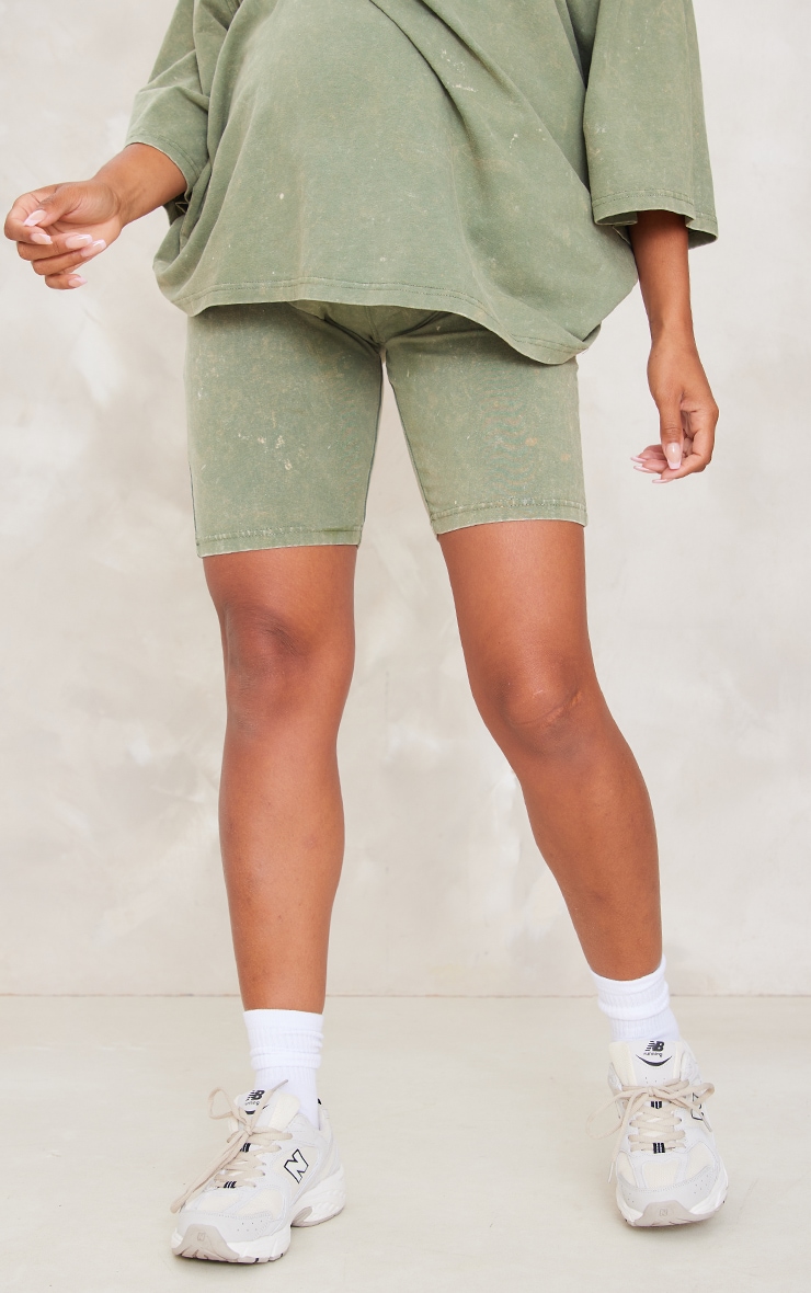 Maternity Khaki Acid Wash Bike Shorts image 2